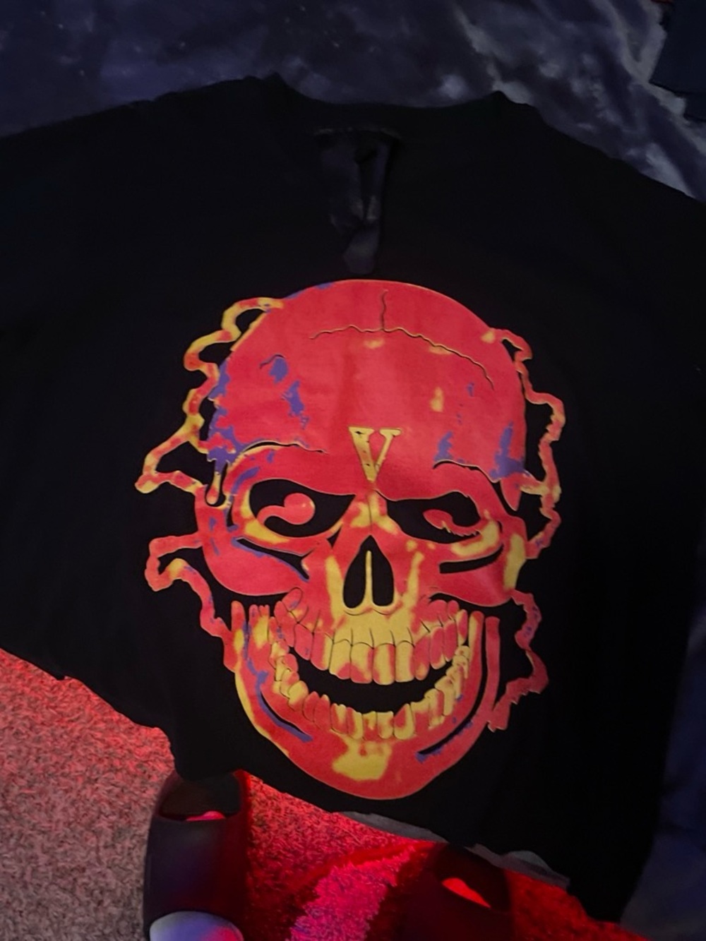 VLONE Black Short Sleeve Tee with Red and Yellow Skull Graphic